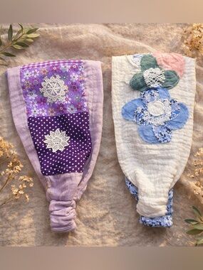 Boho Wide Patchwork Headband Set of 2 | Cotton Linen Lace Festival Hairband Duo